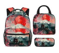 ewndhtse Ensemble sac à dos d'école avec sac à déjeuner et trousse à crayons, 3 pièces pour l'école, le voyage, le primaire, le milieu primaire, le Mont Fuji Cherry Temple Sun