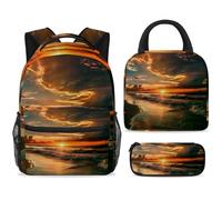 ewndhtse Ensemble sac à dos d'école avec sac à déjeuner et trousse à crayons, 3 pièces pour l'école, le voyage, le primaire, le milieu et la plage, vue du lever du soleil