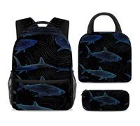 ewndhtse Ensemble sac à dos d'école avec sac à déjeuner et trousse à crayons, 3 pièces pour l'école, le voyage, le primaire, le milieu et les requins de la ligne bleue
