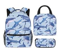 ewndhtse Ensemble sac à dos d'école avec sac à déjeuner et trousse à crayons, 3 pièces pour l'école, le voyage, le primaire, le milieu et les requins