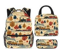 ewndhtse Ensemble sac à dos d'école avec sac à déjeuner et trousse à crayons, 3 pièces - Sac à dos de voyage décontracté pour adolescents, filles, garçons, primaire junior, moyen - Trains et arbres