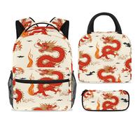 ewndhtse Ensemble sac à dos d'école avec sac à déjeuner et trousse à crayons, 3 pièces - Sac à dos de voyage décontracté pour adolescents, filles, garçons, primaire junior, moyen - Dragons rouges
