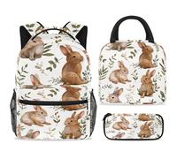ewndhtse Ensemble sac à dos d'école avec sac à déjeuner et trousse à crayons, 3 pièces - Sac à dos de voyage décontracté pour adolescents, filles, garçons, primaire, junior, moyen - Lapins