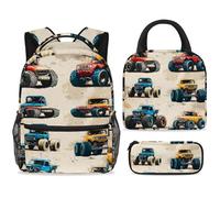 ewndhtse Ensemble sac à dos d'école avec sac à déjeuner et trousse à crayons, 3 pièces - Sac à dos de voyage décontracté pour adolescents, filles, garçons, primaire junior, moyen - Cars-monstres