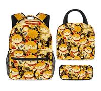 ewndhtse Ensemble sac à dos d'école avec sac à déjeuner et trousse à crayons, 3 pièces - Sac à dos de voyage décontracté pour adolescents, filles, garçons, primaire junior, moyen - Chats porte-bonheur