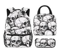 ewndhtse Ensemble sac à dos d'école avec sac à déjeuner et trousse à crayons, 3 pièces - Sac à dos de voyage décontracté pour adolescents, filles, garçons, primaire junior, moyen - crâne humain