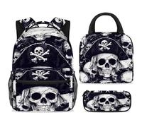 ewndhtse Ensemble sac à dos d'école avec sac à déjeuner et trousse à crayons, 3 pièces - Sac à dos de voyage décontracté pour adolescents, filles, garçons, primaire junior, milieu - Crânes de pirates