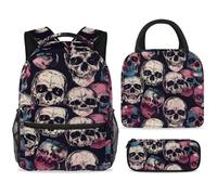 ewndhtse Ensemble sac à dos d'école avec sac à déjeuner et trousse à crayons, 3 pièces - Sac à dos de voyage décontracté pour adolescents, filles, garçons, primaire junior, moyen - Crânes morts
