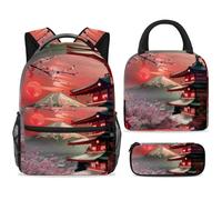 ewndhtse Ensemble sac à dos d'école avec sac à déjeuner et trousse à crayons, 3 pièces - Sac à dos de voyage décontracté pour adolescents, filles, garçons, primaire junior, moyen - Mont Fuji Cherry