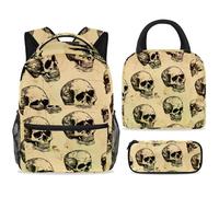 ewndhtse Ensemble sac à dos d'école avec sac à déjeuner et trousse à crayons, 3 pièces - Sac à dos de voyage décontracté pour adolescents, filles, garçons, primaire junior, moyen - crâne humain