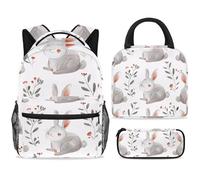 ewndhtse Ensemble sac à dos d'école avec sac à déjeuner et trousse à crayons, 3 pièces - Sac à dos de voyage décontracté pour adolescents, filles, garçons, primaire, junior et moyen - Lapins mignons