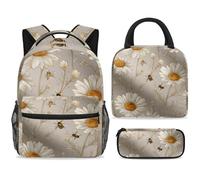 ewndhtse Ensemble sac à dos d'école avec sac à déjeuner et trousse à crayons, 3 pièces - Sac à dos de voyage décontracté pour adolescents, filles, garçons, primaire junior moyen, camomille volante