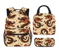 ewndhtse Ensemble sac à dos d'école avec sac à déjeuner et trousse à crayons, 3 pièces - Sac à dos de voyage décontracté pour adolescents, filles, garçons, primaire junior, moyen - Dragons
