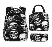 ewndhtse Ensemble sac à dos d'école avec sac à déjeuner et trousse à crayons, 3 pièces - Sac à dos de voyage décontracté pour adolescents, filles, garçons, primaire junior, milieu - Crânes de pirates