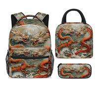 ewndhtse Ensemble sac à dos d'école avec sac à déjeuner et trousse à crayons, 3 pièces - Sac à dos de voyage décontracté pour adolescents, filles, garçons, primaire junior, milieu - Deux dragons