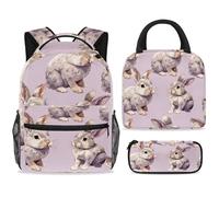 ewndhtse Ensemble sac à dos d'école avec sac à déjeuner et trousse à crayons, 3 pièces - Sac à dos de voyage décontracté pour adolescents, filles, garçons, primaire, junior, moyen - Lapins