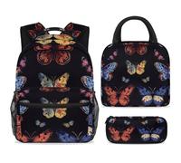 ewndhtse Ensemble sac à dos d'école avec sac à déjeuner et trousse à crayons, 3 pièces - Sac à dos de voyage décontracté pour adolescents, filles, garçons, primaire junior, milieu - Beau papillon