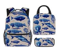 ewndhtse Ensemble sac à dos d'école avec sac à déjeuner et trousse à crayons, 3 pièces - Sac à dos de voyage décontracté pour adolescents, filles, garçons, primaire junior, moyen, pieuvre de mer