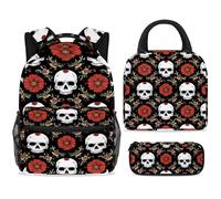 ewndhtse Ensemble sac à dos d'école avec sac à déjeuner et trousse à crayons, 3 pièces - Sac à dos de voyage décontracté pour adolescents, filles, garçons, primaire junior, moyen, crânes morts, fleurs