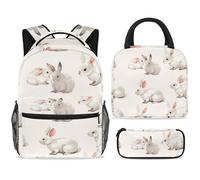ewndhtse Ensemble sac à dos d'école avec sac à déjeuner et trousse à crayons, 3 pièces - Sac à dos de voyage décontracté pour adolescents, filles, garçons, primaire junior, moyen - Lapins mignons