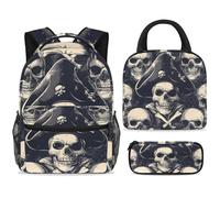 ewndhtse Ensemble sac à dos d'école avec sac à déjeuner et trousse à crayons, 3 pièces - Sac à dos de voyage décontracté pour adolescents, filles, garçons, primaire junior, milieu - Crânes de pirates