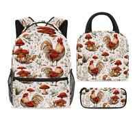 ewndhtse Ensemble sac à dos d'école avec sac à déjeuner et trousse à crayons, 3 pièces - Sac à dos de voyage décontracté pour adolescents, filles, garçons, primaire junior moyen, champignons et coqs