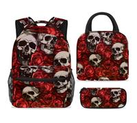 ewndhtse Ensemble sac à dos d'école avec sac à déjeuner et trousse à crayons, 3 pièces - Sac à dos de voyage décontracté pour adolescents, filles, garçons, primaire junior, milieu - Crâne humain et
