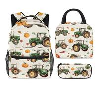 ewndhtse Ensemble sac à dos d'école avec sac à déjeuner et trousse à crayons, 3 pièces - Sac à dos de voyage décontracté pour adolescents, filles, garçons, primaire junior, moyen - Farmer on Tractor