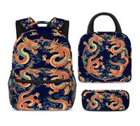 ewndhtse Ensemble sac à dos d'école avec sac à déjeuner et trousse à crayons, 3 pièces - Sac à dos de voyage décontracté pour adolescents, filles, garçons, primaire junior, milieu - Dragons