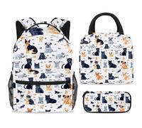 ewndhtse Ensemble sac à dos d'école avec sac à déjeuner et trousse à crayons, sac à dos d'école, sac à dos de voyage décontracté pour adolescents, filles, garçons, primaire junior, moyen - amis chats