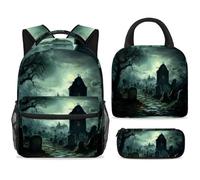 ewndhtse Ensemble sac à dos d'école avec sac à déjeuner et trousse à crayons, sac à dos d'école, sac à dos de voyage décontracté pour adolescents, filles, garçons, primaire, junior, milieu - Cimetière