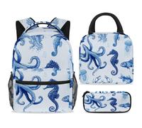 ewndhtse Ensemble sac à dos d'école avec sac à déjeuner et trousse à crayons, sac à dos d'école, sac à dos de voyage décontracté pour adolescents, filles, garçons, primaire junior, moyen, pieuvre bleu