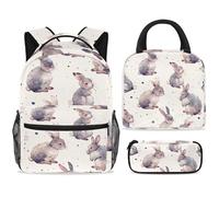ewndhtse Ensemble sac à dos d'école avec sac à déjeuner et trousse à crayons, sac à dos d'école, sac à dos de voyage décontracté pour adolescents, filles, garçons, primaire, junior et moyen - Lapins