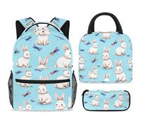 ewndhtse Ensemble sac à dos d'école avec sac à déjeuner et trousse à crayons, sac à dos d'école, sac à dos de voyage décontracté pour adolescents, filles, garçons, primaire junior, milieu, lapins et