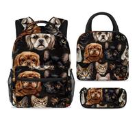 ewndhtse Ensemble sac à dos d'école avec sac à déjeuner et trousse à crayons, sac à dos d'école, sac à dos de voyage décontracté pour adolescents, filles, garçons, primaire junior, moyen - amis chiens