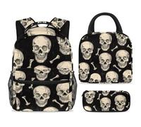 ewndhtse Ensemble sac à dos d'école avec sac à déjeuner et trousse à crayons, sac à dos d'école, sac à dos de voyage décontracté pour adolescents, filles, garçons, primaire, junior moyen, crâne humain