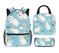 ewndhtse Ensemble sac à dos d'école avec sac à déjeuner et trousse à crayons, sac à dos d'école, sac à dos de voyage décontracté pour adolescents, filles, garçons, primaire junior, moyen - Lapins et