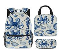 ewndhtse Ensemble sac à dos d'école avec sac à déjeuner et trousse à crayons, sac à dos d'école, sac à dos de voyage décontracté pour adolescents, filles, garçons, primaire junior, moyen - pieuvre