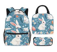 ewndhtse Ensemble sac à dos d'école avec sac à déjeuner, trousse à crayons, sac à dos d'école, sac à dos de voyage décontracté pour adolescents, filles, garçons, primaire junior, moyen, lapins blancs