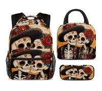 ewndhtse Ensemble sac à dos d'école avec sac à déjeuner, trousse à crayons, sac à dos d'école, sac à dos de voyage décontracté pour adolescents, filles, garçons, primaire, junior, jour des morts, tête