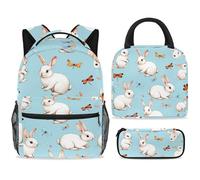 ewndhtse Ensemble sac à dos d'école avec sac à déjeuner, trousse à crayons, sac à dos d'école, sac à dos de voyage décontracté pour adolescents, filles, garçons, primaire, junior, milieu, lapins