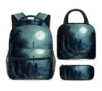 ewndhtse Ensemble sac à dos d'école avec sac à déjeuner, trousse à crayons, sac à dos d'école, sac à dos de voyage décontracté pour adolescents, filles, garçons, primaire, junior, milieu - Cimetière