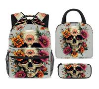 ewndhtse Ensemble sac à dos d'école avec sac à déjeuner, trousse à crayons, sac à dos d'école, sac à dos de voyage décontracté pour adolescents, filles, garçons, primaire junior, milieu - Crâne humain