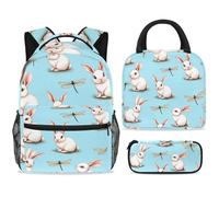 ewndhtse Ensemble sac à dos d'école avec sac à déjeuner, trousse à crayons, sac à dos d'école, sac à dos de voyage décontracté pour adolescents, filles, garçons, primaire junior, moyen, lapins