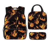 ewndhtse Ensemble sac à dos d'école, sac à déjeuner et trousse à crayons, sac à dos de voyage décontracté pour adolescents, filles, garçons, primaire, junior moyen, 3 pièces - Guitares in Fire