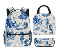 ewndhtse Ensemble sac à dos d'école, sac à déjeuner et trousse à crayons, sac à dos de voyage décontracté pour adolescents, filles, garçons, primaire, junior moyen, hippocampe et pieuvre