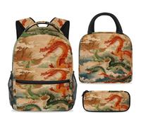 ewndhtse Ensemble sac à dos d'école, sac à déjeuner et trousse à crayons, sac à dos d'école, sac à dos de voyage décontracté pour adolescents, filles, garçons, primaire junior, moyen, dragons rouges