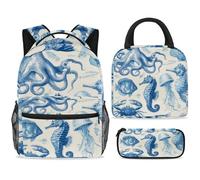 ewndhtse Ensemble sac à dos d'école, sac à déjeuner et trousse à crayons, sac à dos d'école, sac à dos de voyage décontracté pour adolescents, filles, garçons, primaire junior, milieu - pieuvre de mer