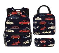 ewndhtse Ensemble sac à dos d'école, sac à déjeuner et trousse à crayons, sac à dos d'école, sac à dos de voyage décontracté pour adolescents, filles, garçons, primaire, junior, moyen, taxi voiture et