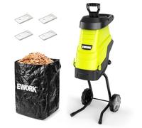 EWORK Déchiqueteuse électrique à bois 15 A, diamètre de coupe max 4,6 cm | 4 lames SK5, rapport de réduction élevé 15:1 avec sac de collecte de 45 L, broyeur efficace pour le nettoyage des déchets de